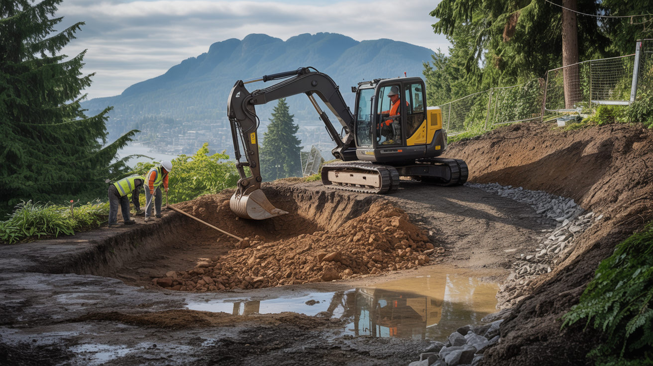 Excavation and site preparation on a steep residential slope in North Vancouver with an excavator and drainage rock placement