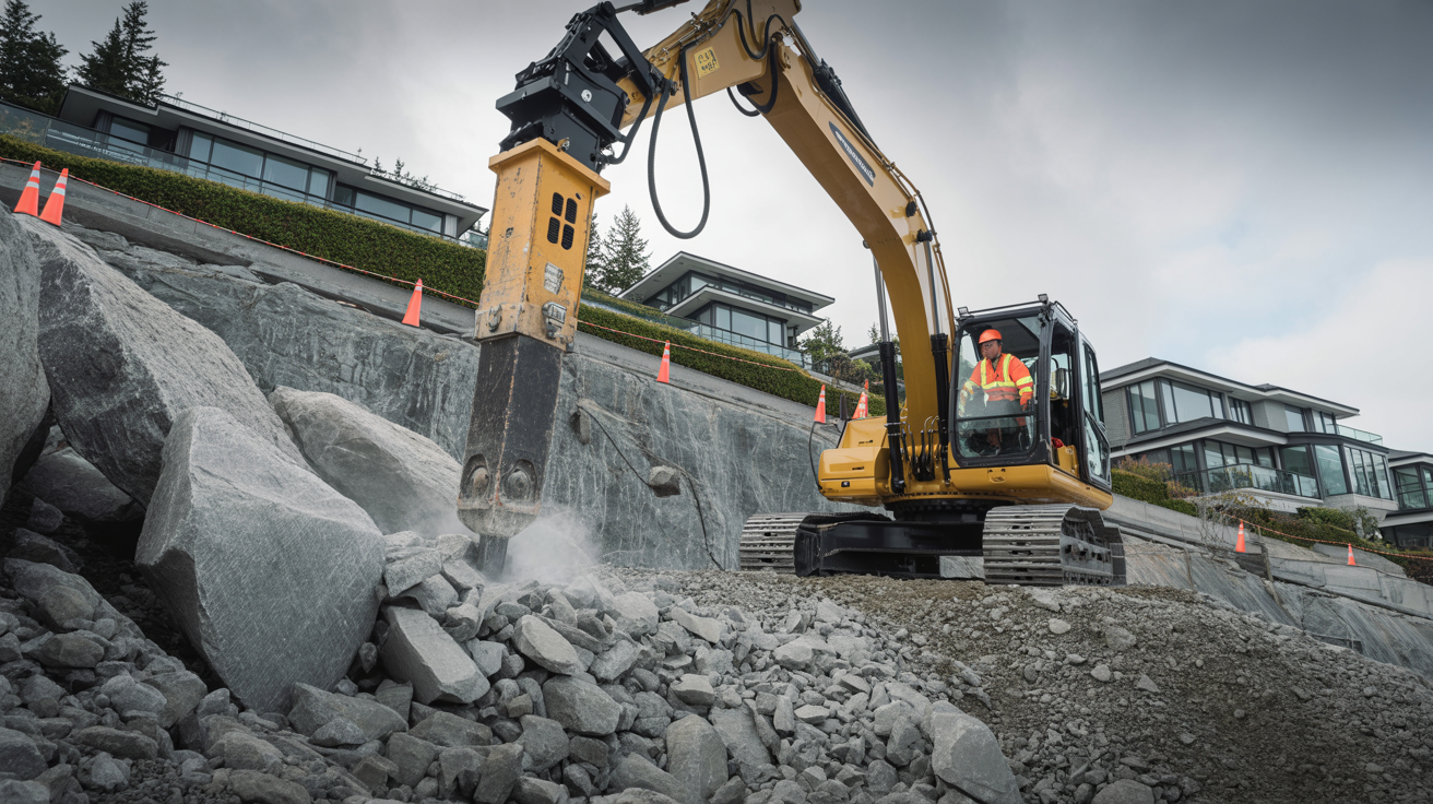 Crew performing slope excavation and site preparation on a steep North Vancouver property