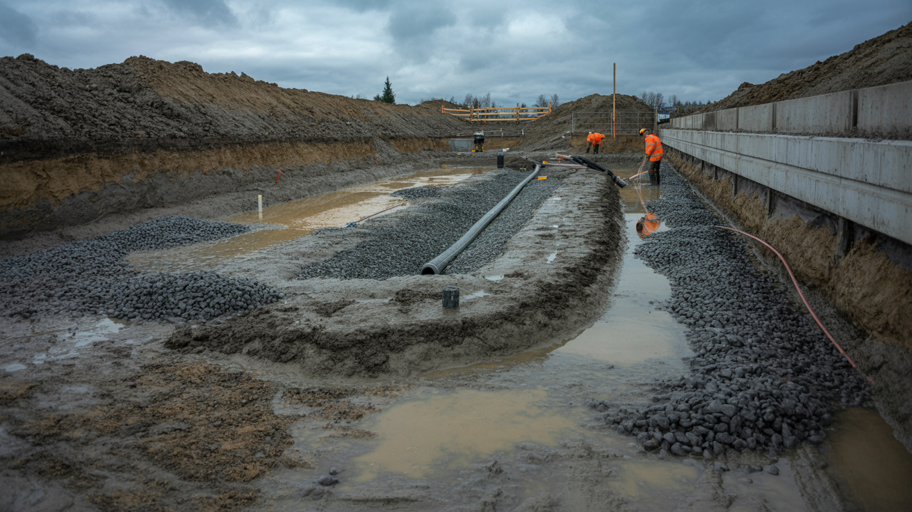 Installing perimeter drainage and trenching to fix rainwater issues on a Vancouver excavation site